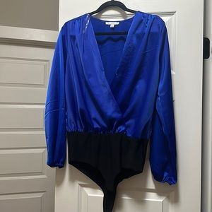 Royal Blue Satin Long Sleeve Seamless Bodysuit